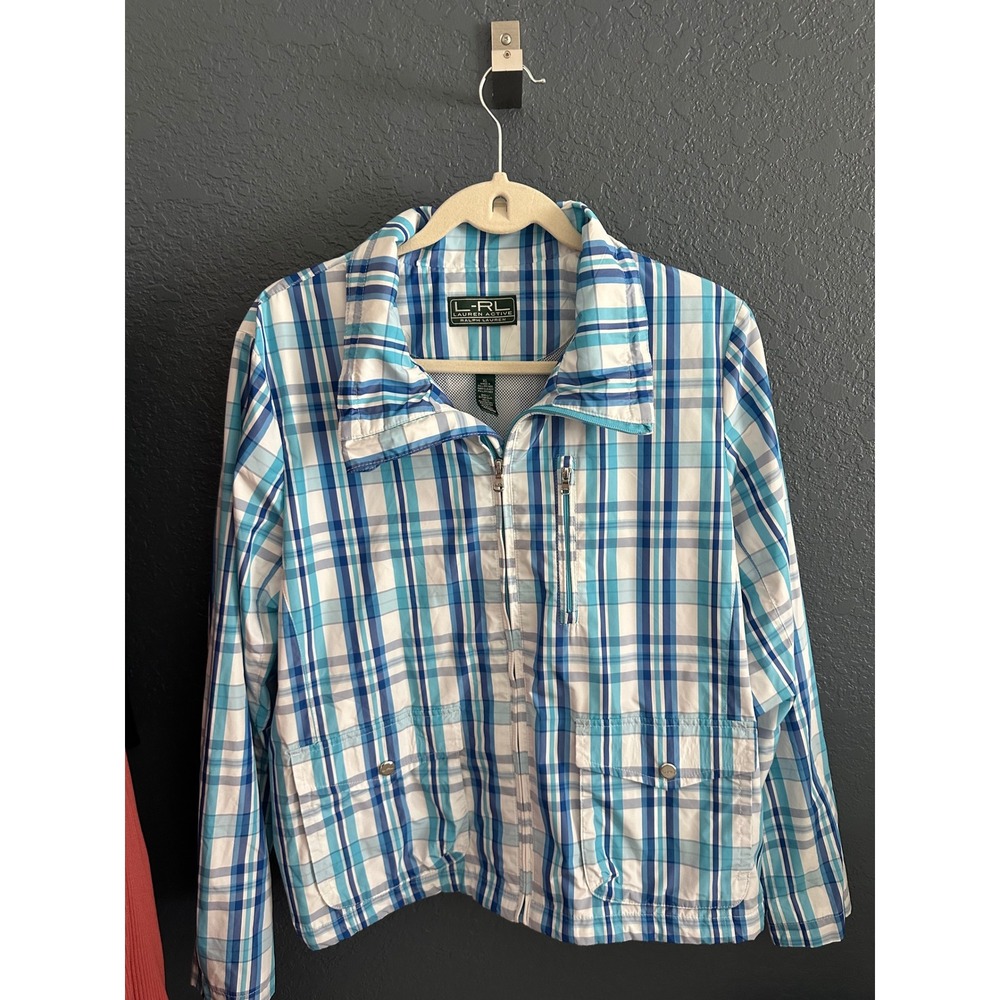 Lauren Active Ralph Lauren Blue White Plaid Windbreaker Jacket XL Full Zip Mesh